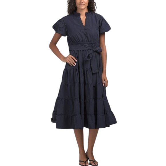 US TOGETHER Dresses & Skirts - US TOGETHER Puff Sleeve Tiered Midi Dress - Navy